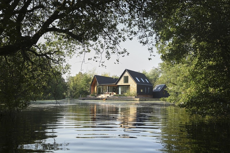 lake, nature, house, water, trees