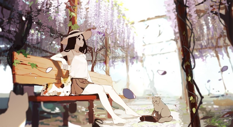 anime, anime girls, cats, illustration, garden