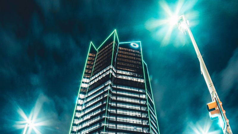 building, night city, neon, 4k