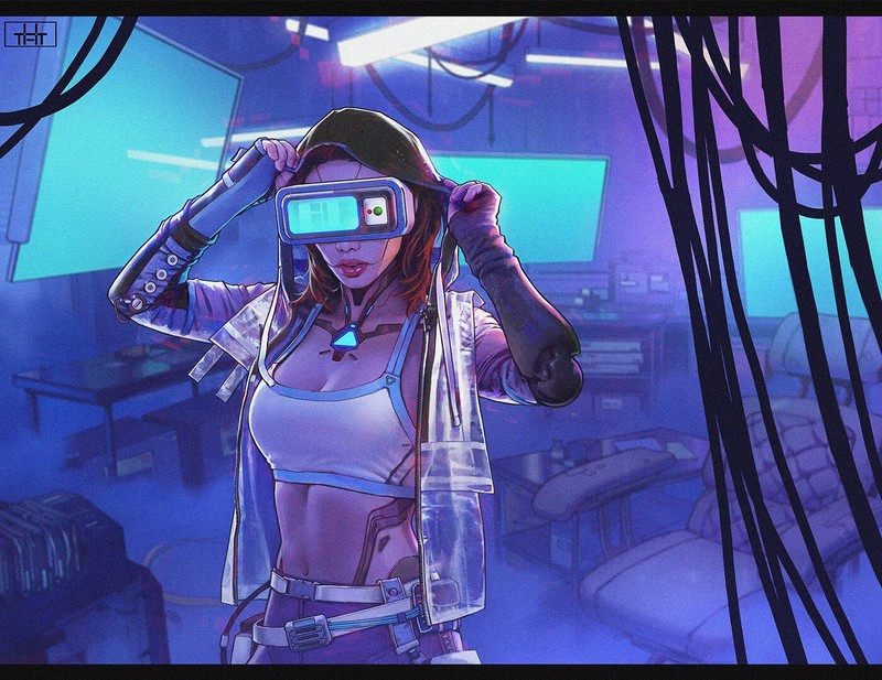 cyber, cyberpunk, women, robot, redhead, belly, virtual reality, indoors, cyborg, cyan