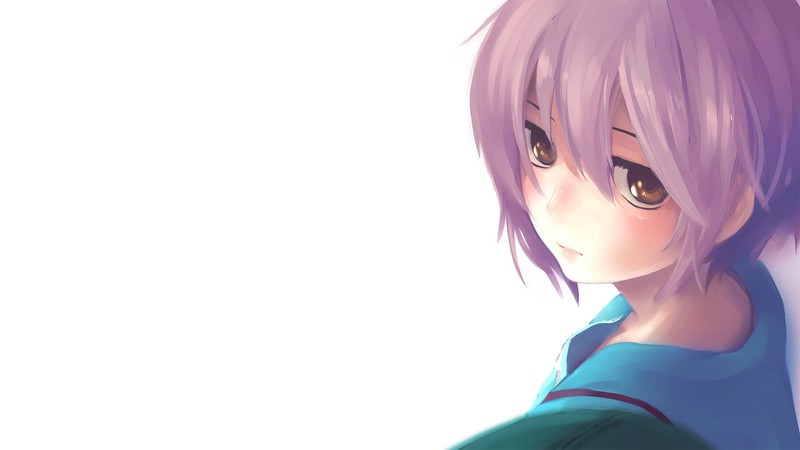Nagato Yuki, Suzumiya Haruhi no Yuutsu, anime, anime girls, school uniform, schoolgirl, violet hair, yellow eyes