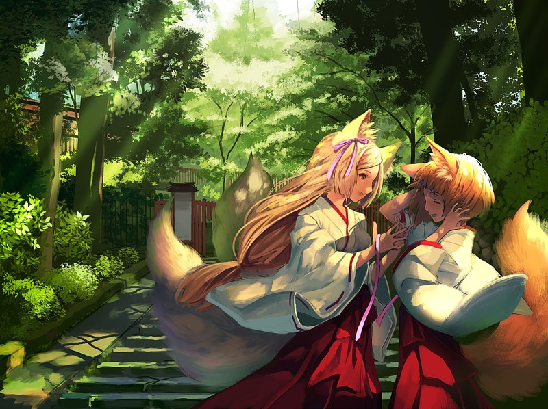 anime girls, original characters, women, blonde, long hair, short hair, profile, smiling, sisters, fantasy girl, fox girl, foxy ears, animal ears, tail, ribbon, miko, sun rays, trees, stairs, artwork, painting, digital painting, 2D, illustration, digital art, Mai Okuma, anime, happy