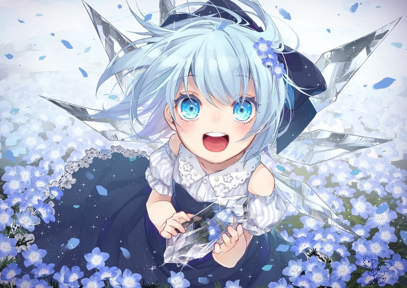 anime, anime girls, blue eyes, Touhou, blue hair, flower in hair