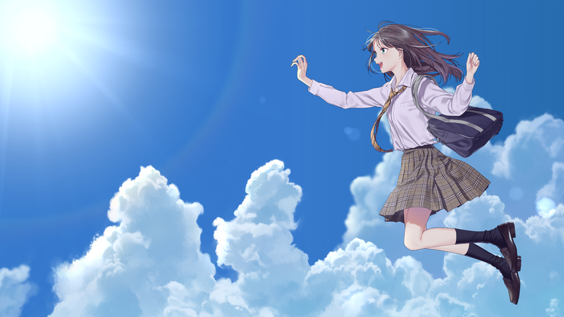 anime girls, original characters, women, brunette, green eyes, open mouth, happy, profile, shirt, tie, skirt, school uniform, schoolgirl, handbags, socks, shoes, clouds, sky, clear sky, artwork, digital art, 2D, illustration, Aiko, drawing, anime
