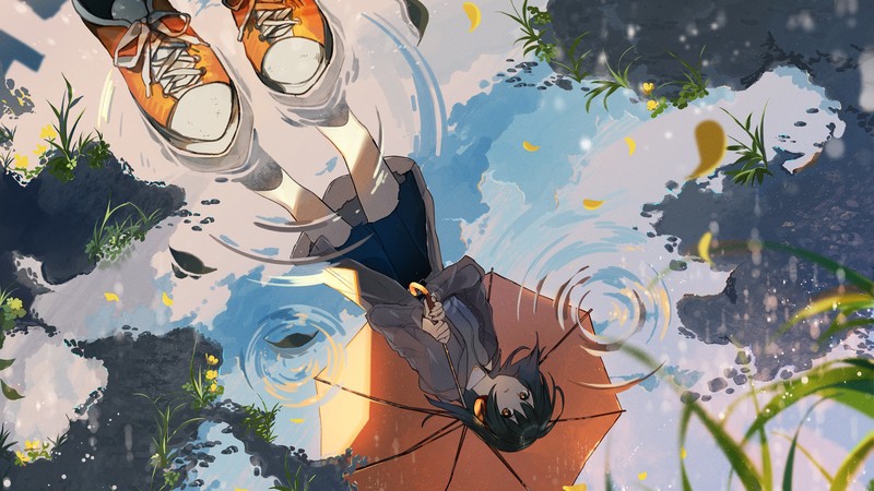 anime girls, reflection, umbrella, water