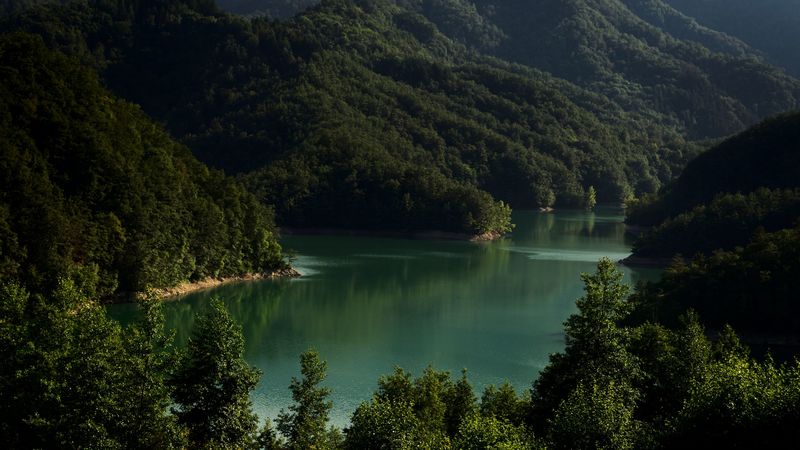 lake, mountains, trees, landscape, italy, 4k