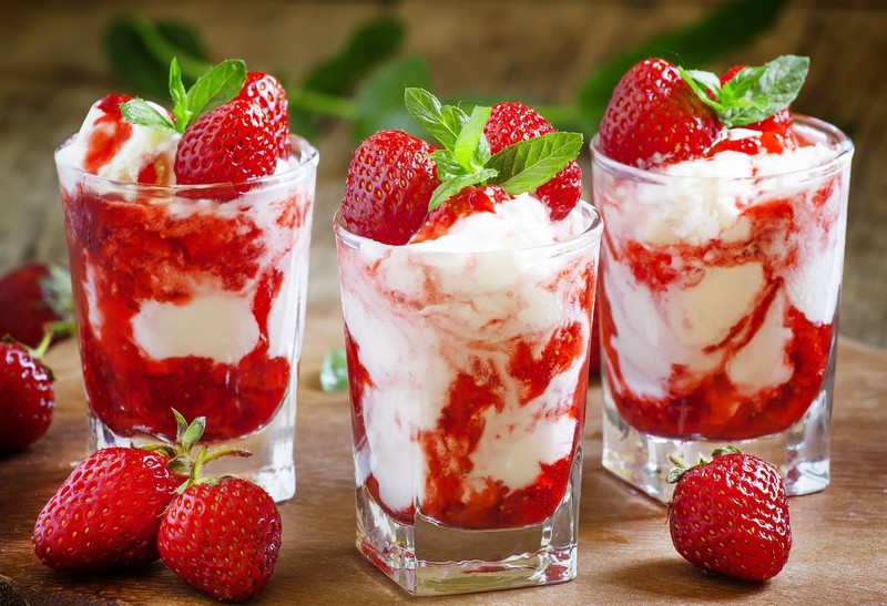 food, fruit, strawberries, mint leaves, dessert, wooden surface