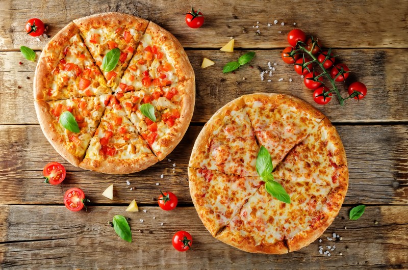 food, tomatoes, pizza, wooden surface, basil, cheese