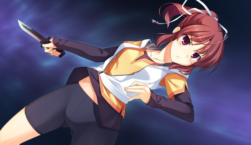 anime girls, anime, knife, red eyes, pants, weapon