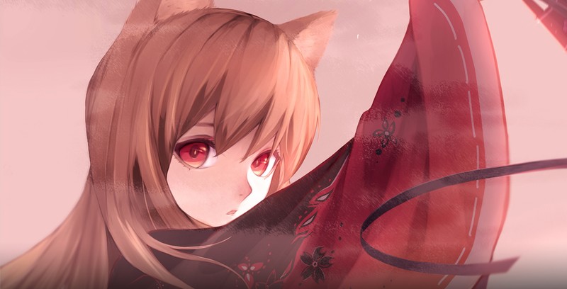 Holo (Spice and Wolf), Spice and Wolf, simple background, wolf ears, Okamimimi, red eyes, looking at viewer