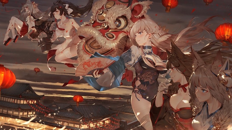 Kaga (Azur Lane), Akagi (Azur Lane), Belfast (Azur Lane), Takao (Azur Lane), Yuudachi (Azur Lane), Azur Lane, anime girls, fan art, women, white hair, dark hair, blue eyes, red eyes, long hair, Cheongsam, Chinese dress, cleavage, kimono, stockings, white stockings, chinese dragon, dragon, fantasy art, Asian architecture, fantasy girl, fans, artwork, illustration, digital art, 2D, painting, fox girl, foxy ears, animal ears, anime, Chika Toriumi, blushing