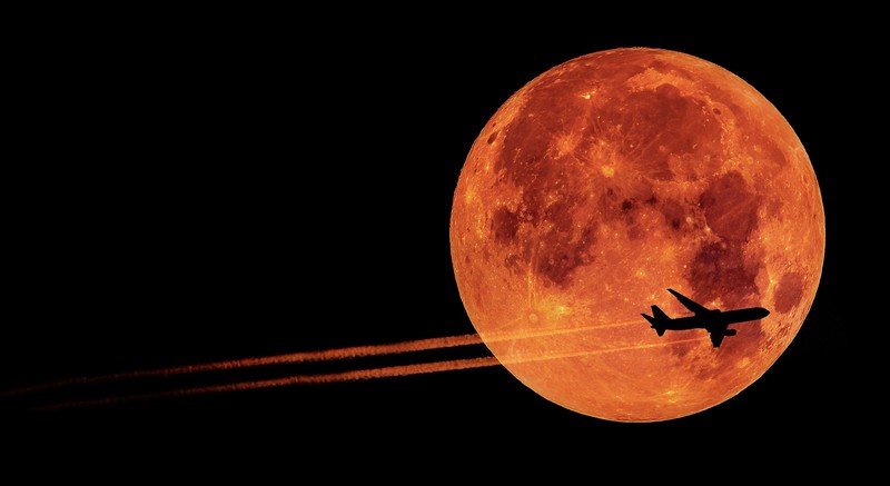 airplane, Moon, Blood moon, contrail, silhouette, black background
