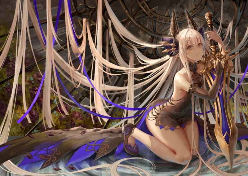anime girls, original characters, women, blonde, long hair, hair ornament, elves, pointy ears, sword, weapon, fantasy girl, dress, kneeling, curvy, looking at viewer, tight dress, artwork, painting, digital painting, 2D, illustration, digital art, Mai Okuma, anime