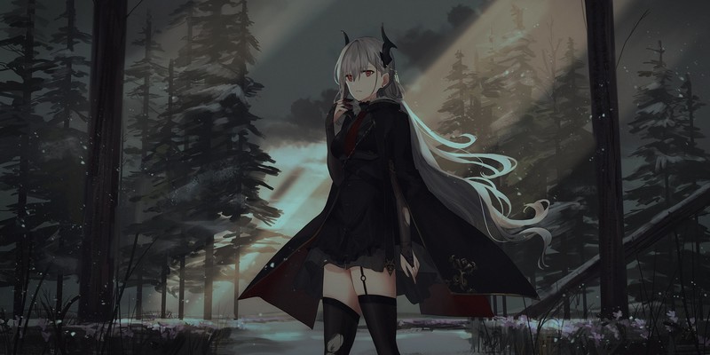 anime girls, original characters, women, white hair, long hair, uniform, tie, coats, stockings, black stockings, red eyes, looking at viewer, trees, snowing, forest, outdoors, artwork, digital art, illustration, 2D, anime, drawing, Chihuri 45