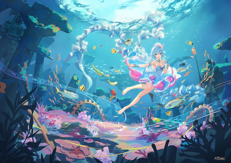 anime girls, original characters, women, blue hair, blue eyes, looking at viewer, smiling, cleavage, dress, ruins, underwater, fish, whale, fantasy girl, fantasy art, artwork, digital art, illustration, 2D, Atdan, anime, drawing, Pixiv