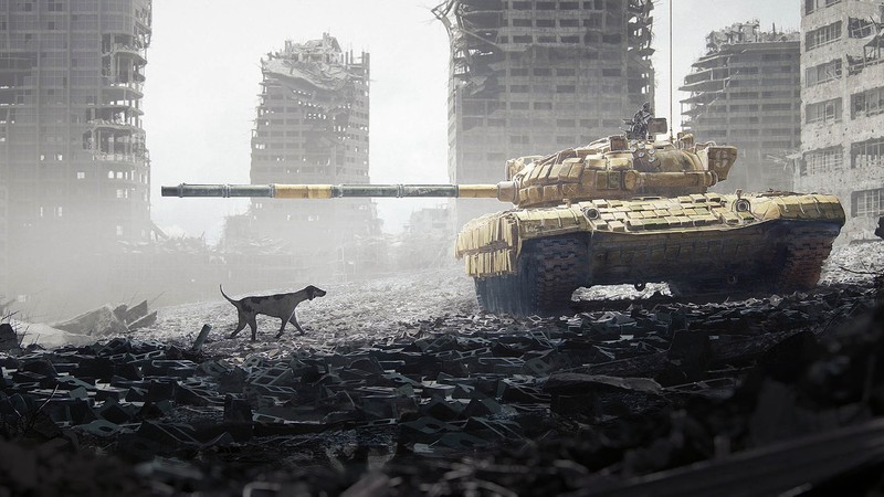 dog, war, ruin, tank, vehicle, artwork