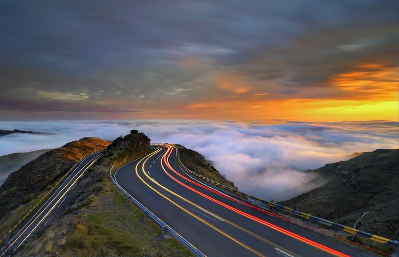 road, long exposure, sky, clouds, light trails, landscape