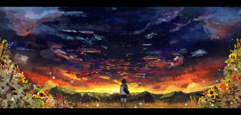 sky, sunset, schoolgirl, stars, nature, horizon, clouds, artwork, anime girls, anime