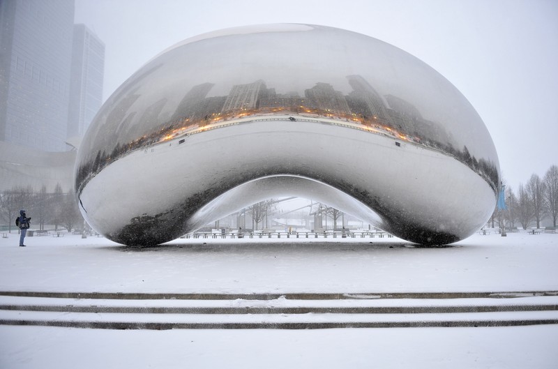 winter, snow, trees, city, Chicago, USA, photographer, artwork, building, reflection, lights, snowing, cold