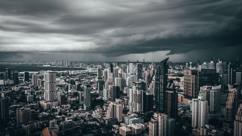 city, skyscrapers, aerial view, clouds, overcast, 4k