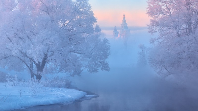 nature, landscape, winter, snow, trees, river, morning, mist, castle, sunset, cold, frost, ice