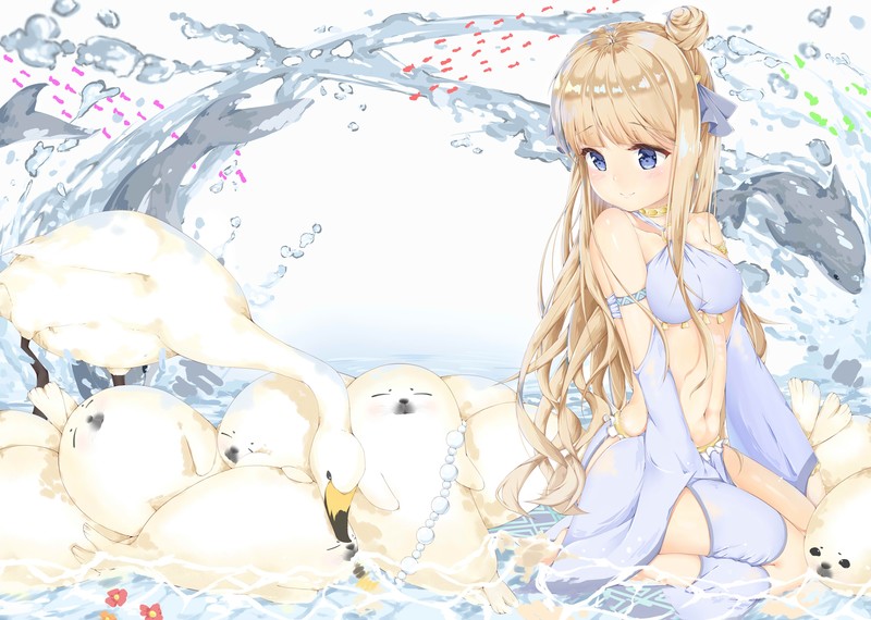 blonde, blue eyes, anime girls, belly, kneeling, anime, animals