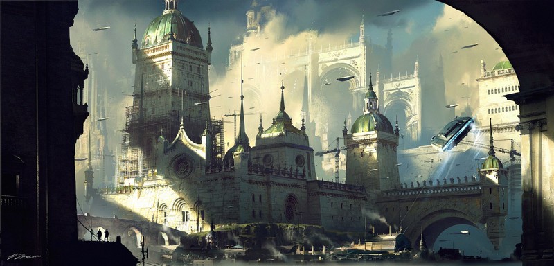 futuristic, castle, wall, clouds, Darek Zabrocki, construction site, illustration