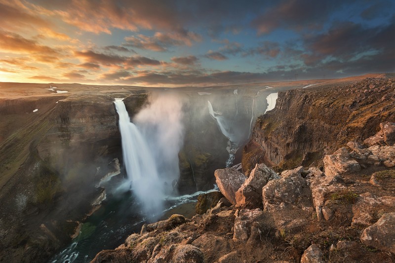 waterfall, nature, landscape, clouds, rock, water
