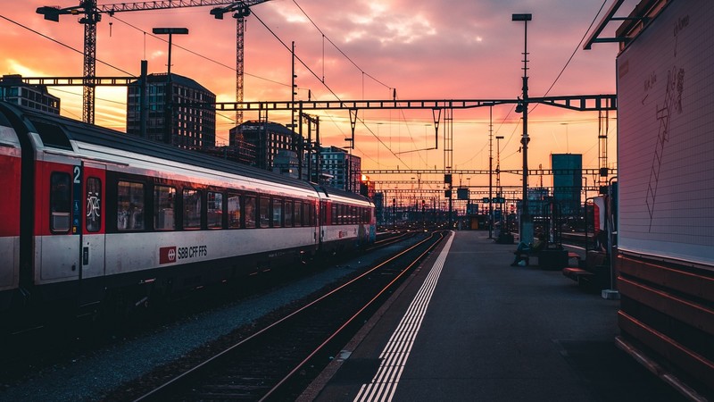 railway, railroad track, train, train station, sunset, sky, Switzerland, urban, calm, evening