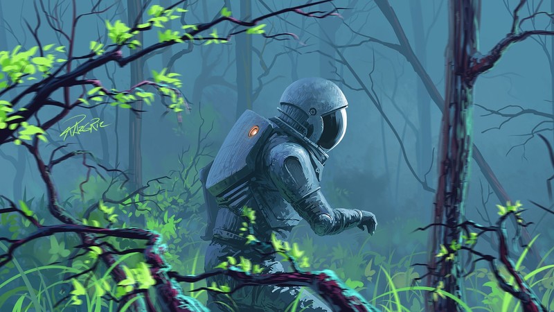 planet, artwork, science fiction, astronaut, Male, forest, blue