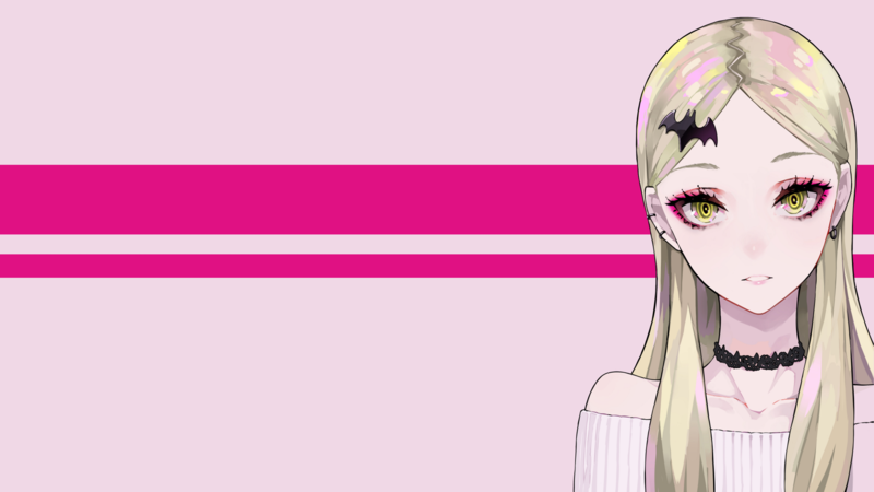 anime girls, original characters, blonde, long hair, yellow eyes, looking at viewer, earring, necklace, bare shoulders, stripes, simple background, minimalism, digital art, LAM, portrait, face, hair ornament, artwork, 2D, anime, drawing