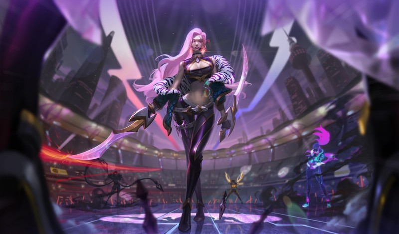 katarina (league of legends), League of Legends, video games, K/DA, pink hair, long hair, PC gaming, weapon, belly button, belly, bare midriff
