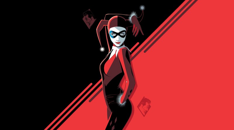 artwork, Harley Quinn, fantasy girl, red, black, mask
