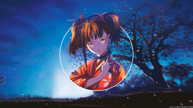 anime, anime girls, picture-in-picture, night, yellow eyes, night sky, trees, Mumei, Koutetsujou no Kabaneri