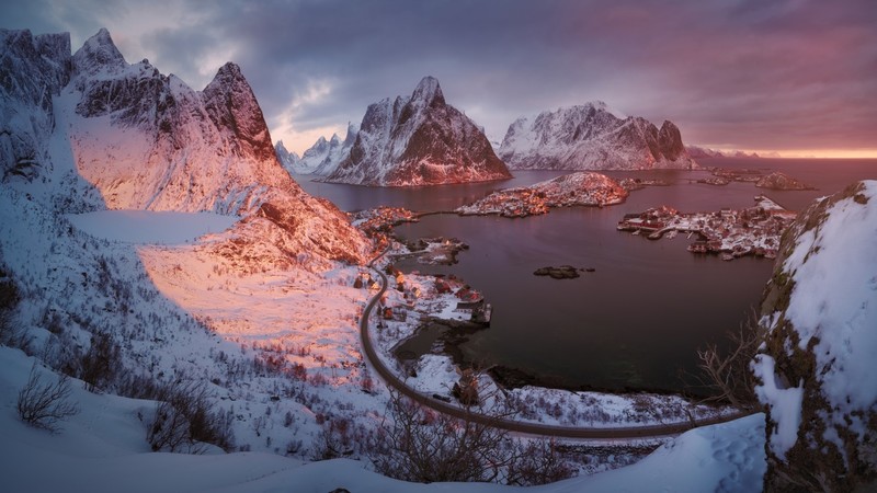 nature, landscape, mountains, clouds, Lofoten, Norway, fjord, winter, snow, village, sunset, road, island, house, trees