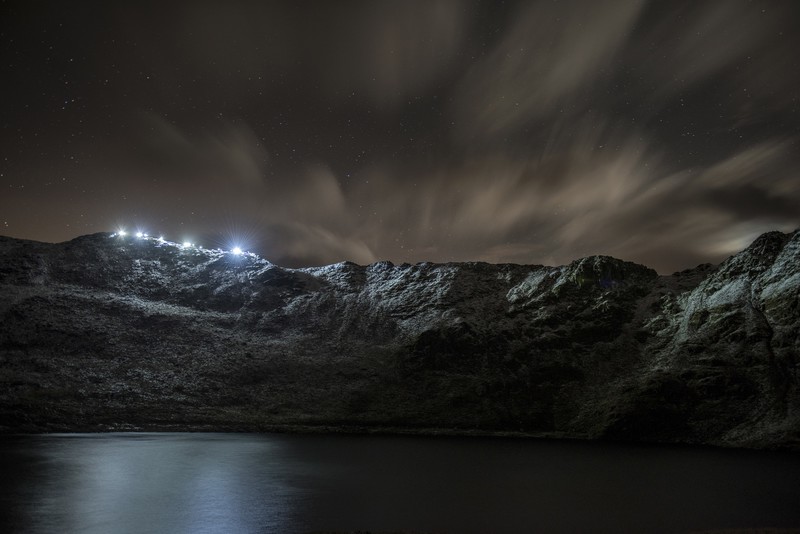 nature, landscape, mountains, clouds, night, long exposure, torches, lights, water, stars, reflection
