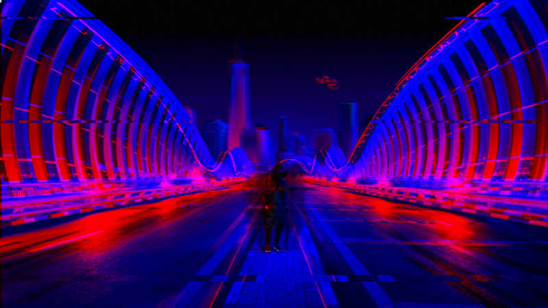 neon, city, bridge, cyberpunk, science fiction, futuristic, digital, dark, abstract