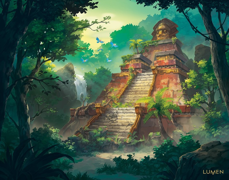 temple, tower, ruins, forest, stairs, building, trees, rocks, plants, foliage, waterfall, water, birds, moss