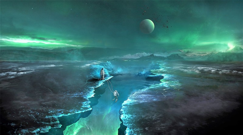 science fiction, artwork, planet, digital art, cyan, turquoise, green
