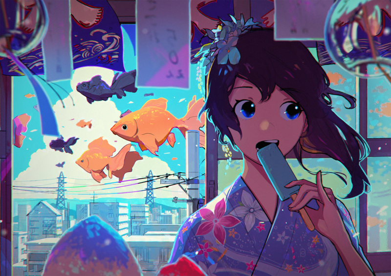 anime, anime girls, blue eyes, popsicle, fish, flower in hair