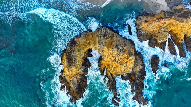 rocks, surf, aerial view, waves, ocean, shore, 4k