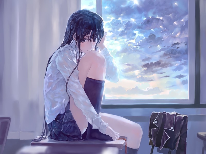 anime, anime girls, indoors, window, legs, dark hair