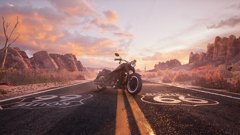 road, numbers, Route 66, motorcycle, vehicle, landscape, sky, asphalt, 3D graphics, clouds
