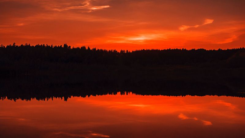 sunset, river, horizon, sky, dark, twilight, 4k