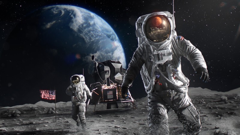 Moon, space, space art, astronaut, Earth