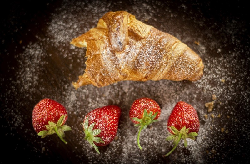 food, strawberries, croissants, fruit, sugar