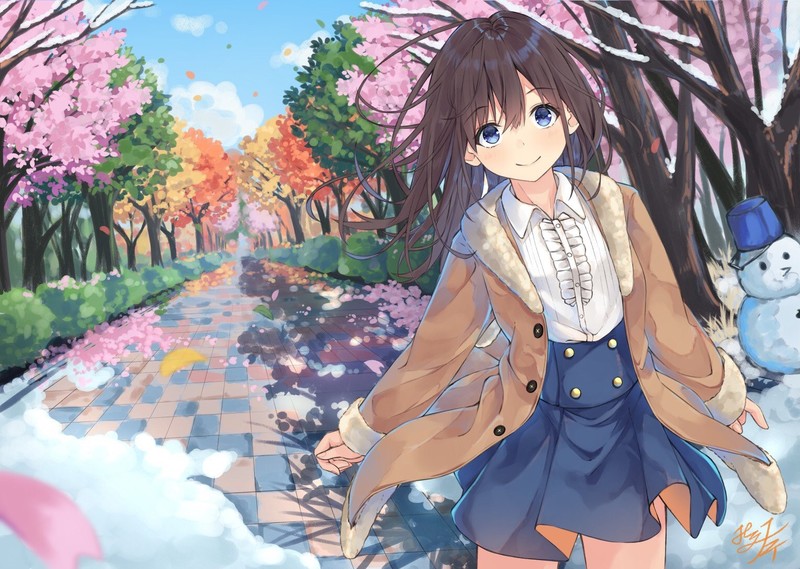 anime, anime girls, outdoors, brunette, blue eyes, long hair
