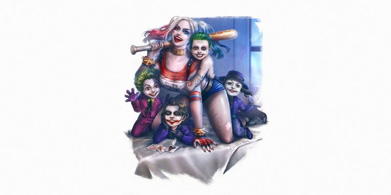artwork, Harley Quinn, children, family, simple background, white background