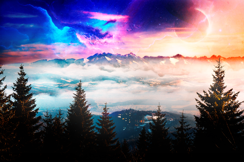 space, mountains, forest, trees, nature, sky, digital art, landscape