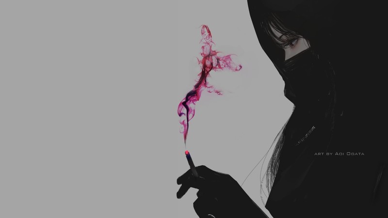 Aoi Ogata, simple background, gray background, black clothing, artwork, digital art, illustration, mask, black hair, anime girls, anime
